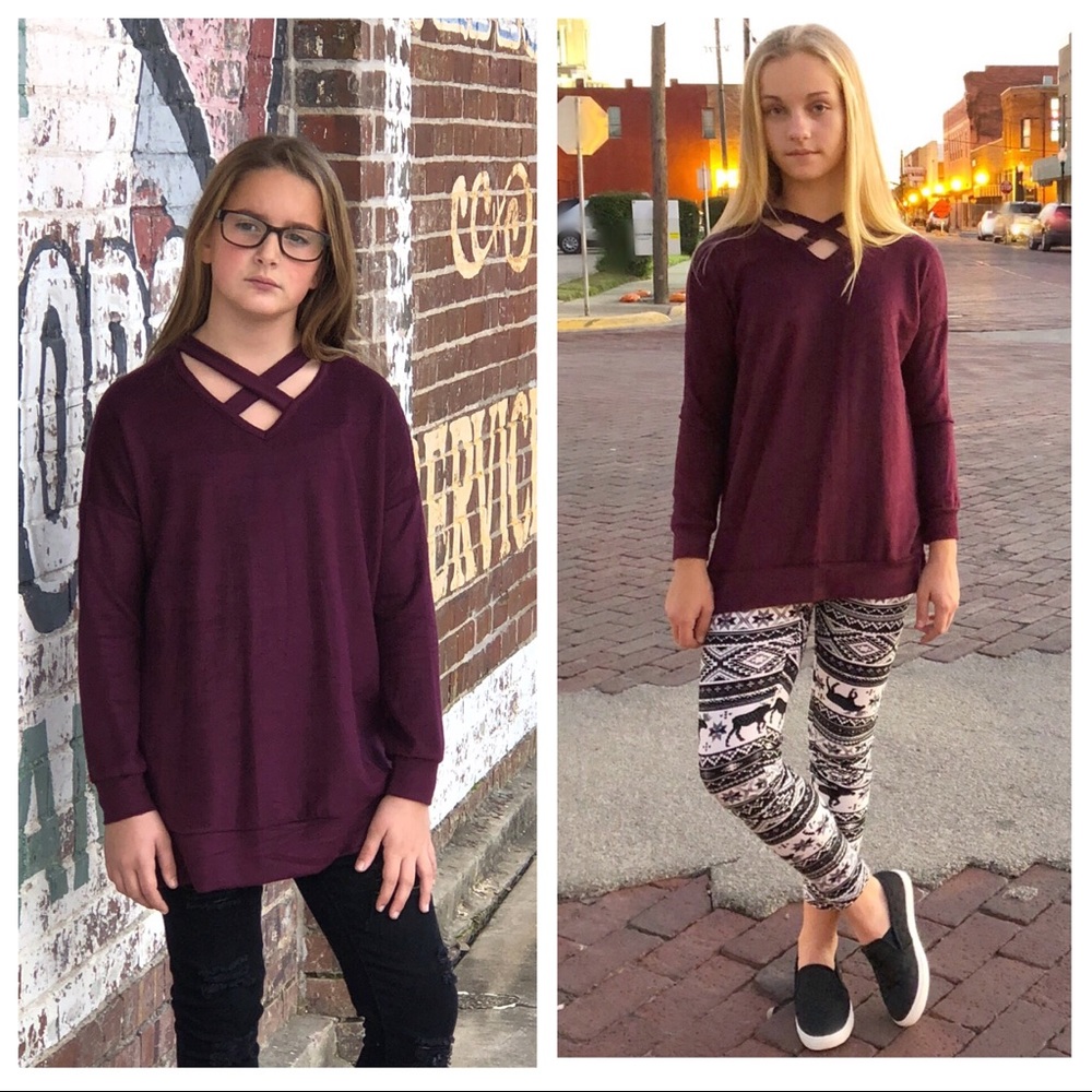 Girls’ French Terry Sweater, Criss Cross Neck